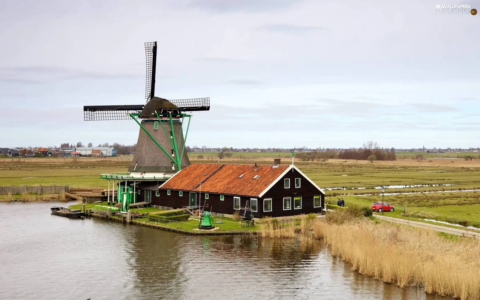 field, Way, lake, Farms, Windmill