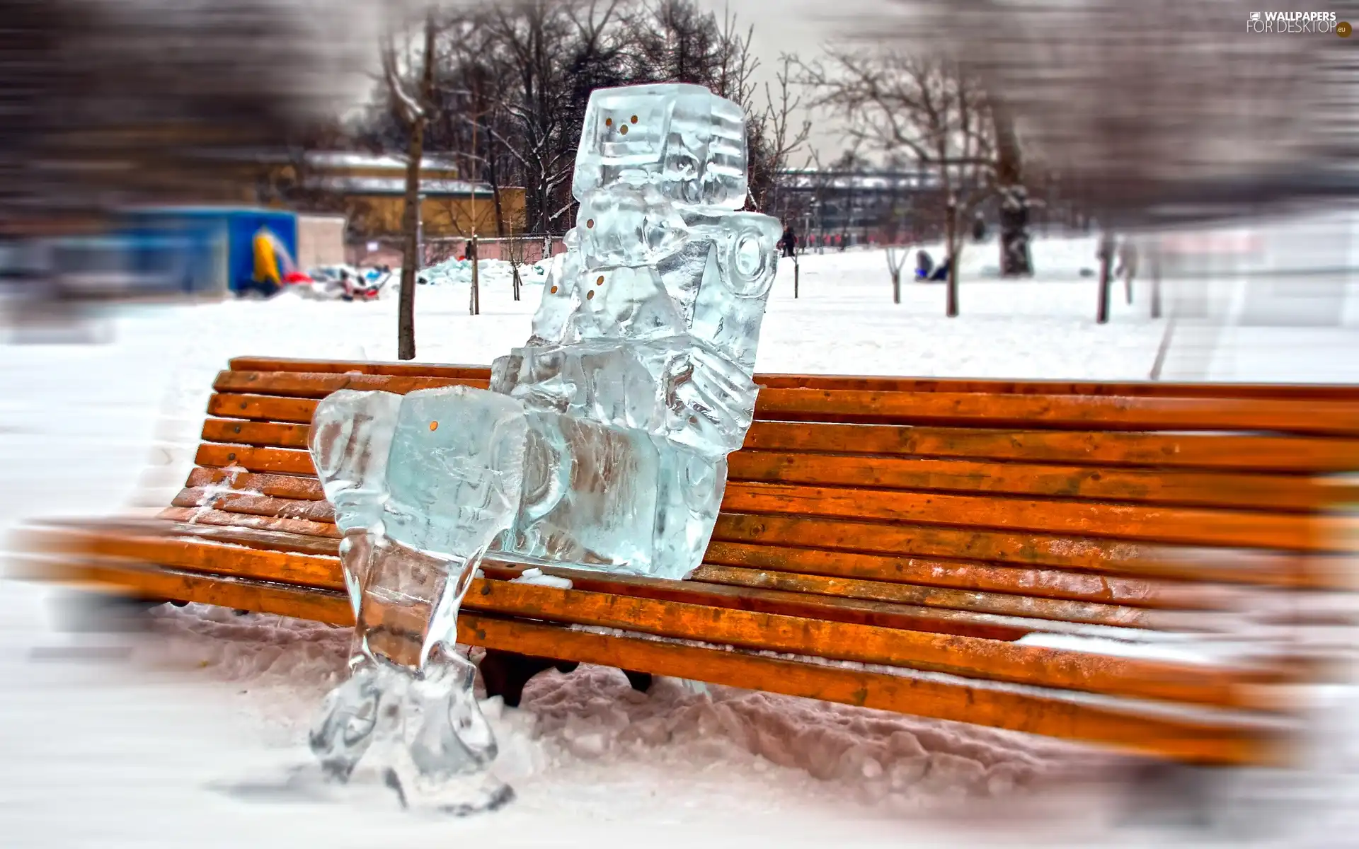 figure, Ice, Park, Bench, winter