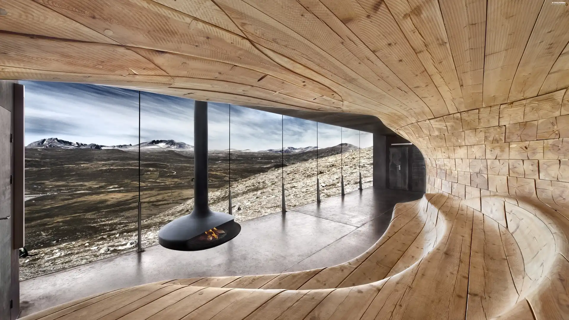 burner chimney, Room, wood, Seats, Window, landscape