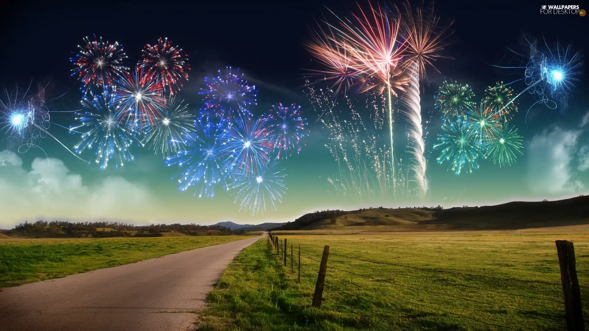 Way, pasture, fireworks, fence