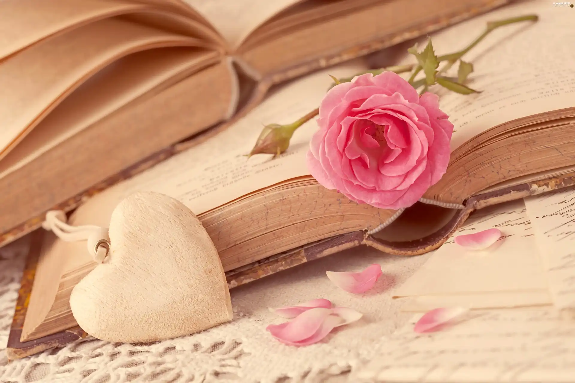 Books, rose, flakes, Heart