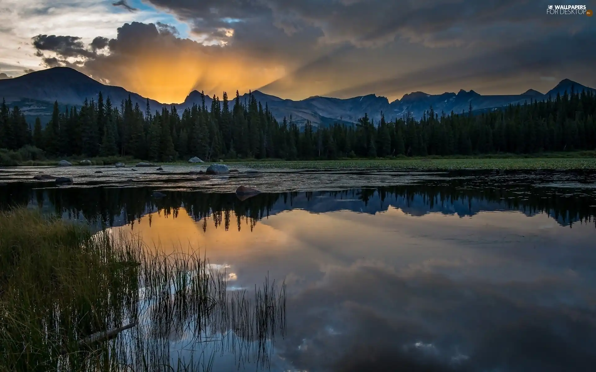 rays of the Sun, Przebijające, luminosity, ligh, flash, lake, Mountains, sun