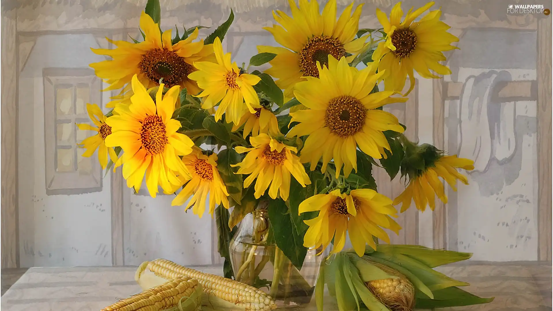 corn-cob, Nice sunflowers, flask