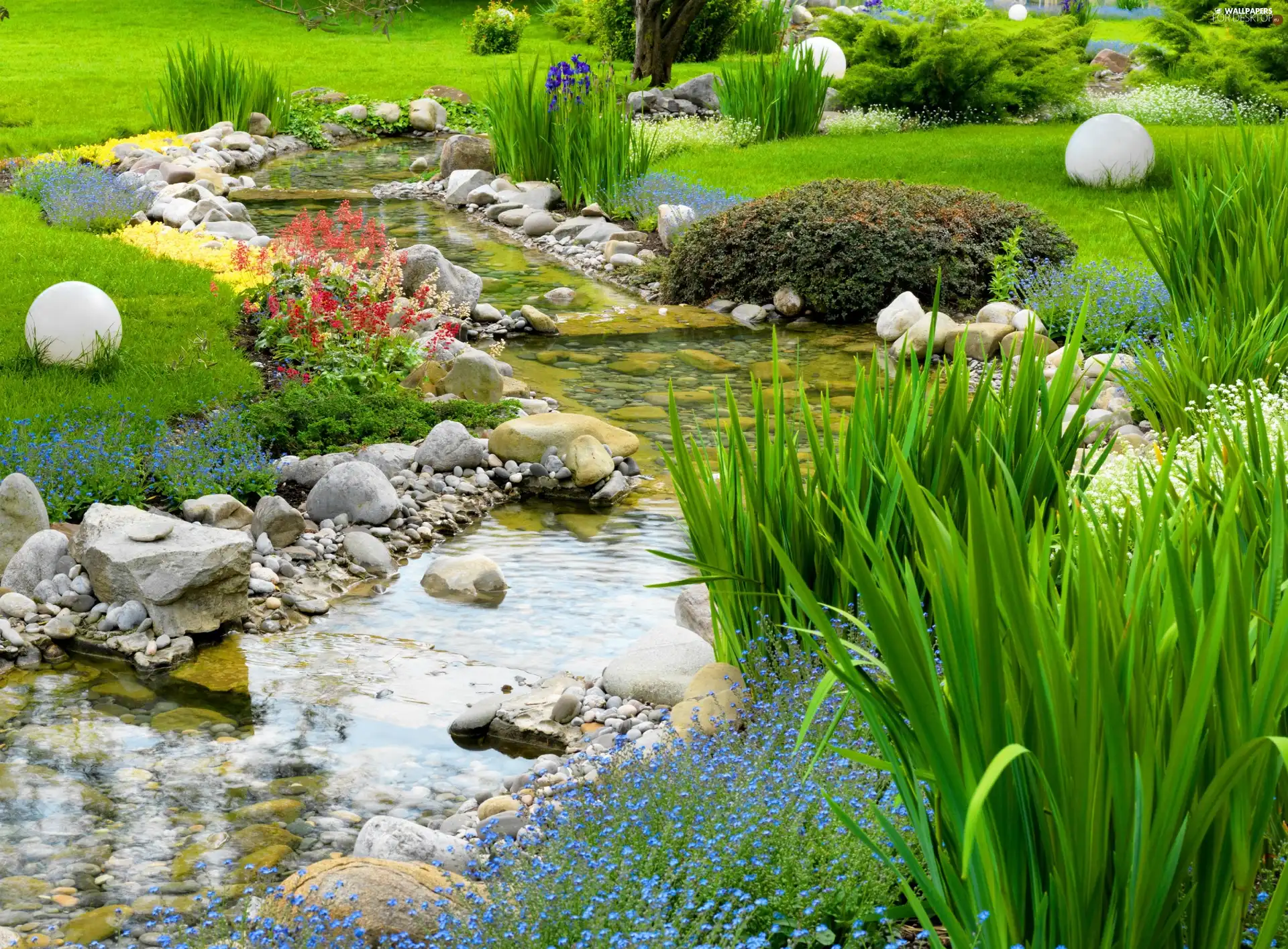 Flowers, Flower-beds, brook, Stones, Garden