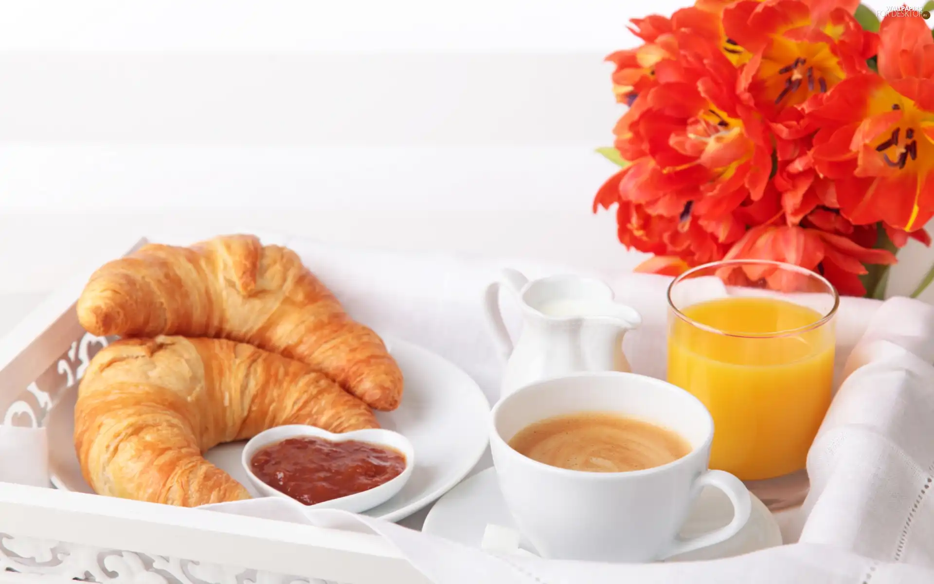 coffee, fresh, Flowers, breakfast, juice, croissants