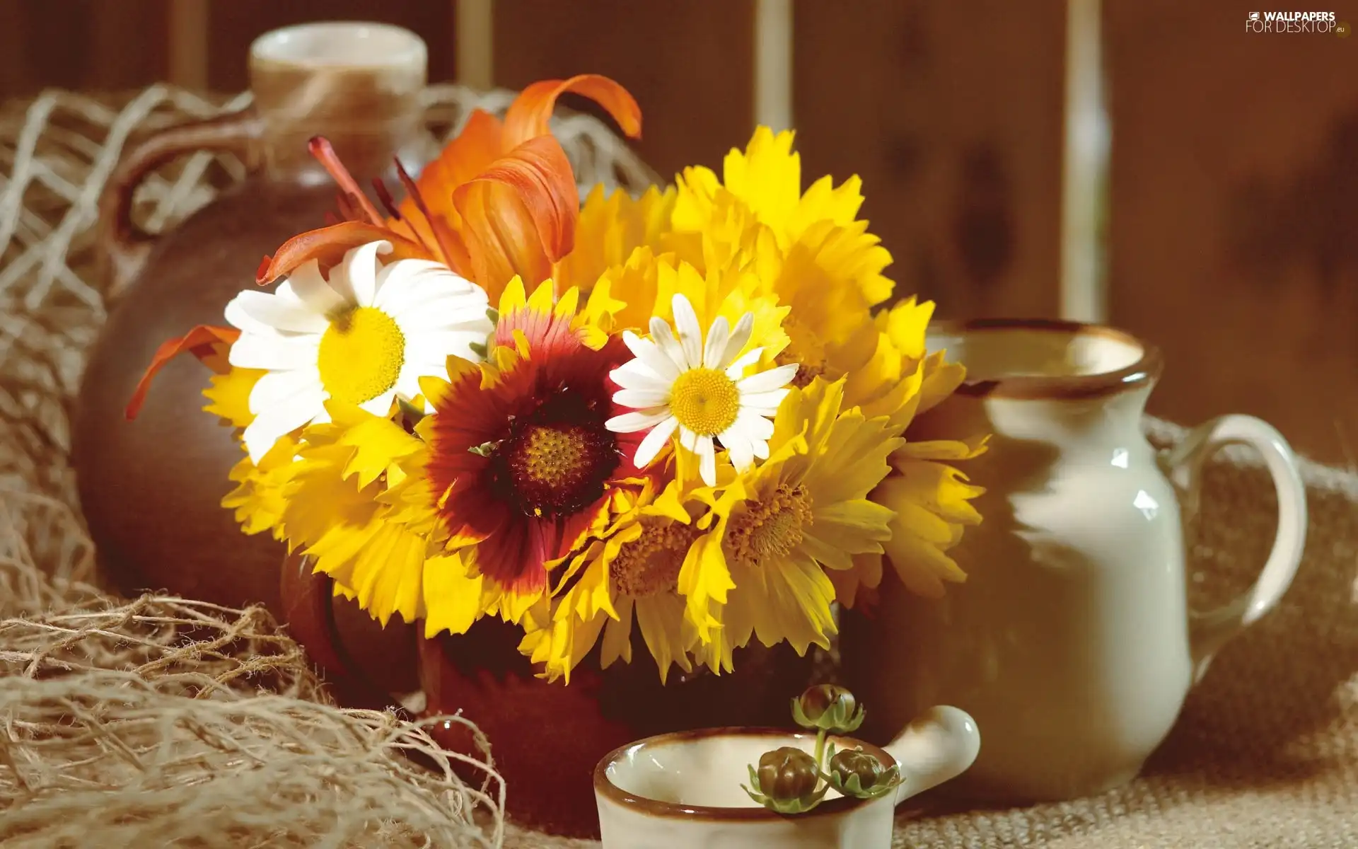 clay, Yellow, Flowers, dishes