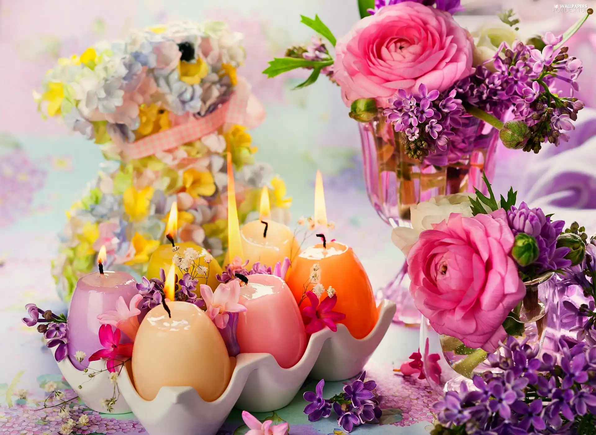 Easter, Candles, Flowers, decoration