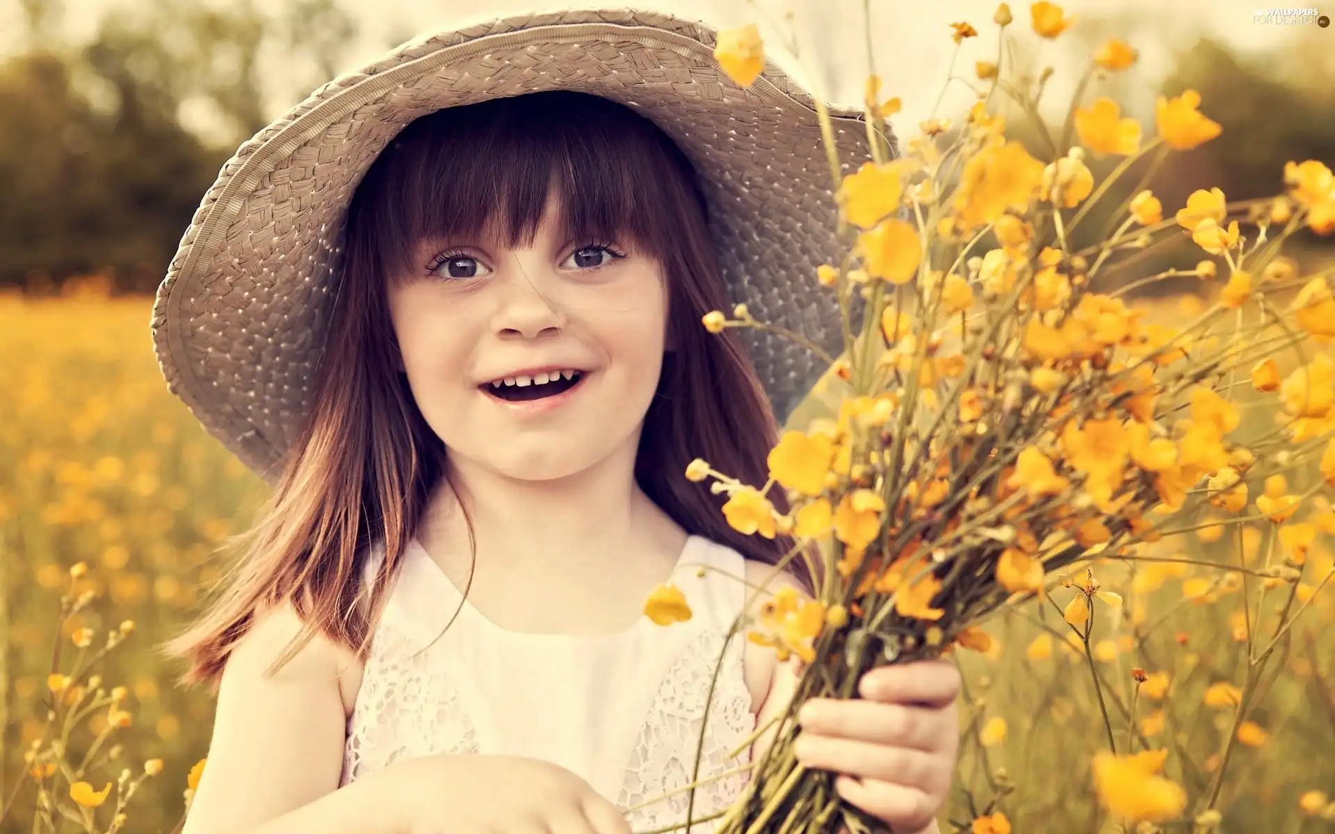 girl, Yellow, Flowers, Hat