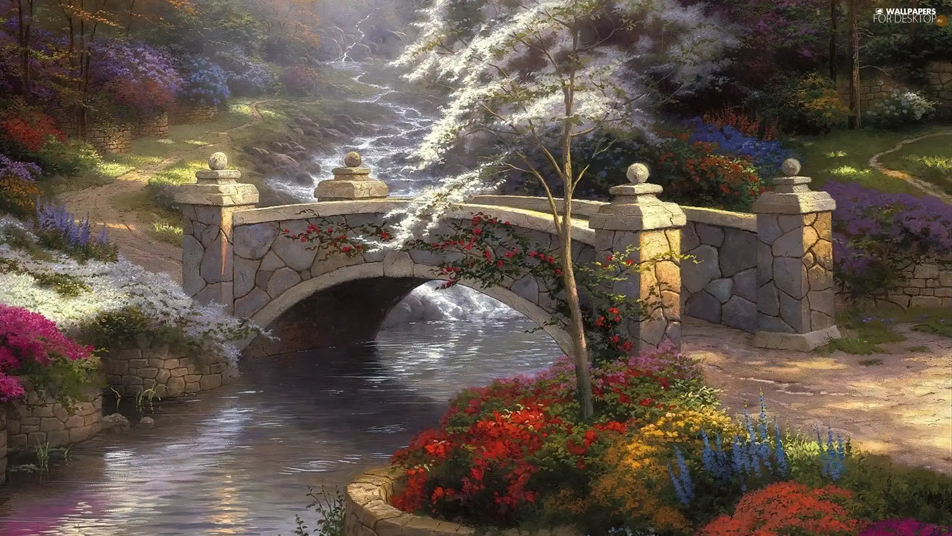 Flowers, green, brook, bridges, Park