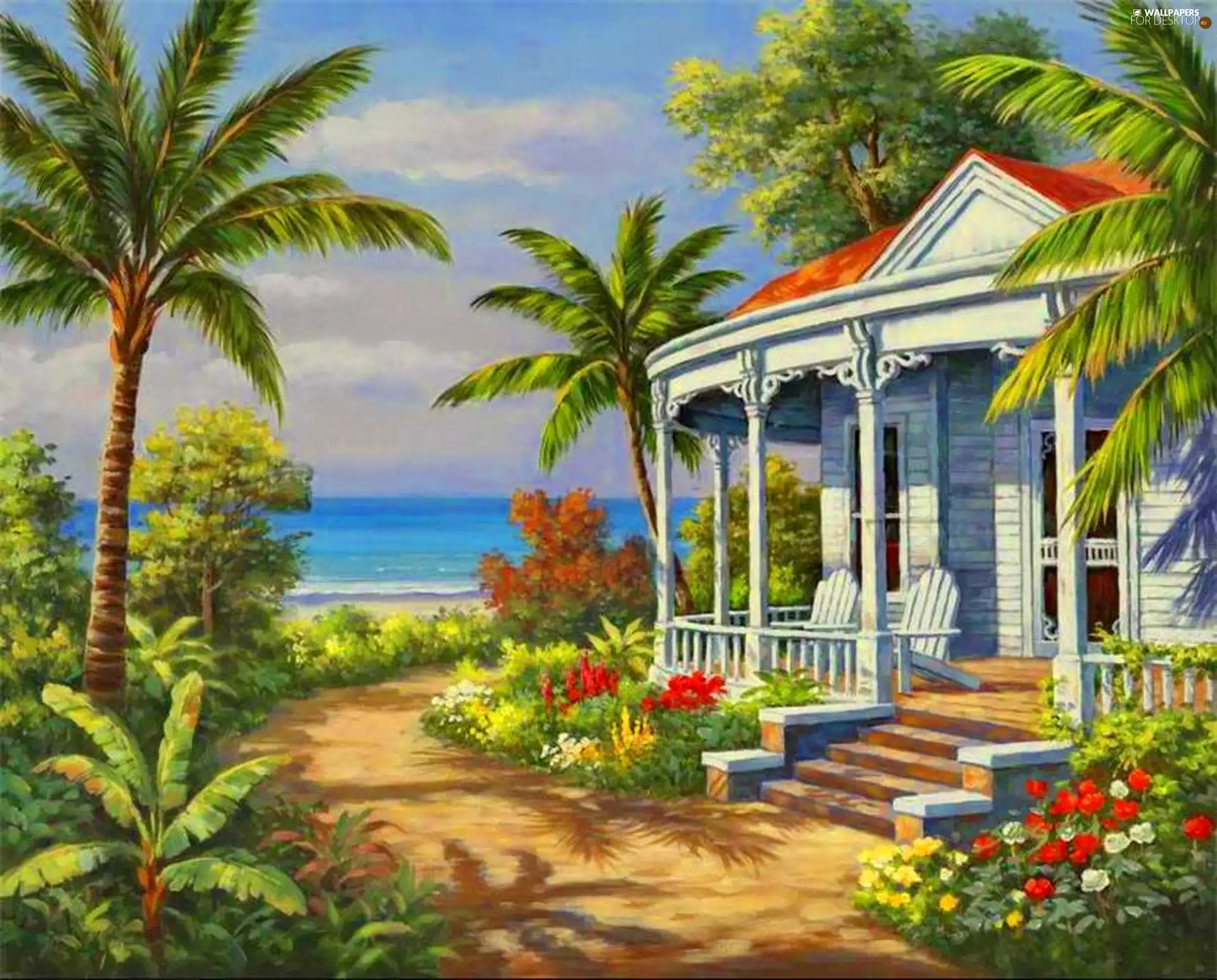 house, sea, Flowers, Palms