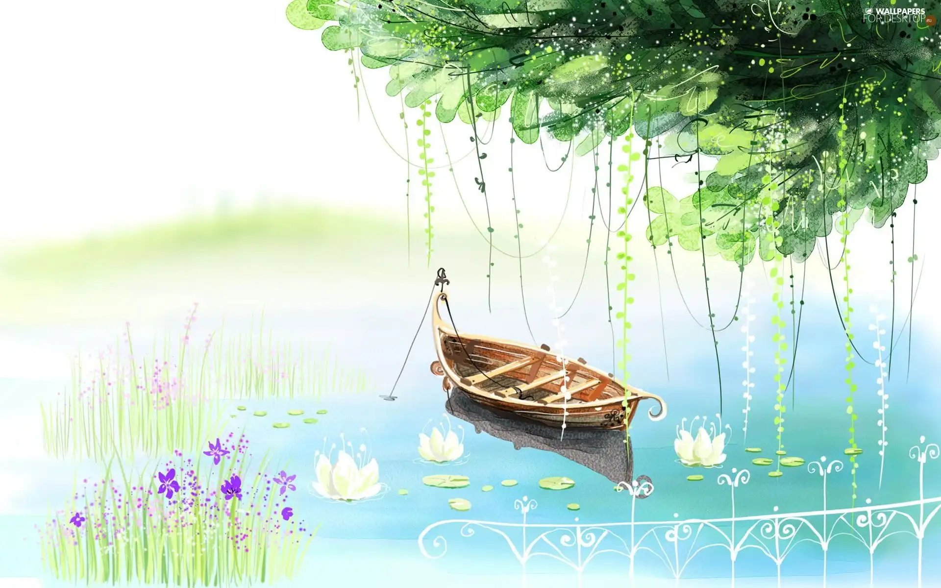 lake, trees, Flowers, Boat