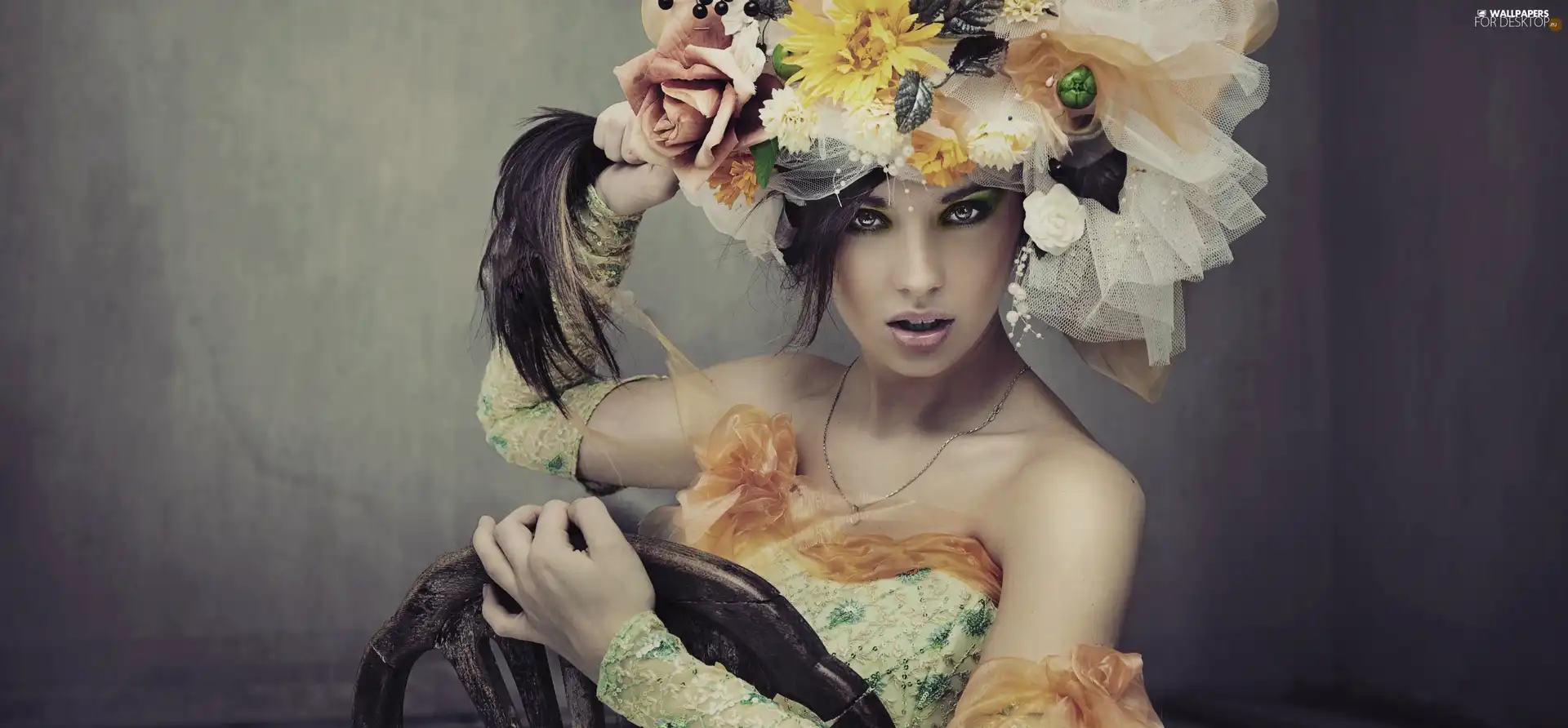 Women, headdress, Flowers, make-up