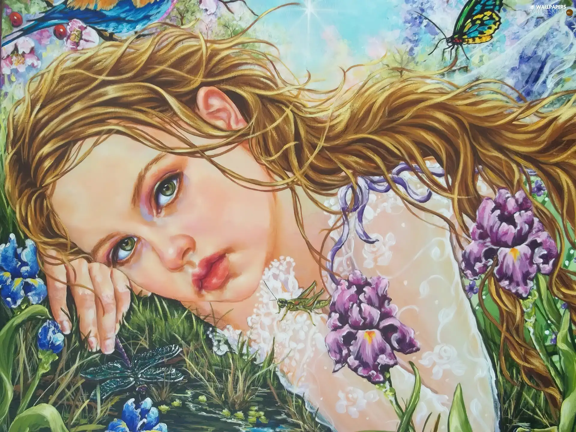 Flowers, girl, Meadow