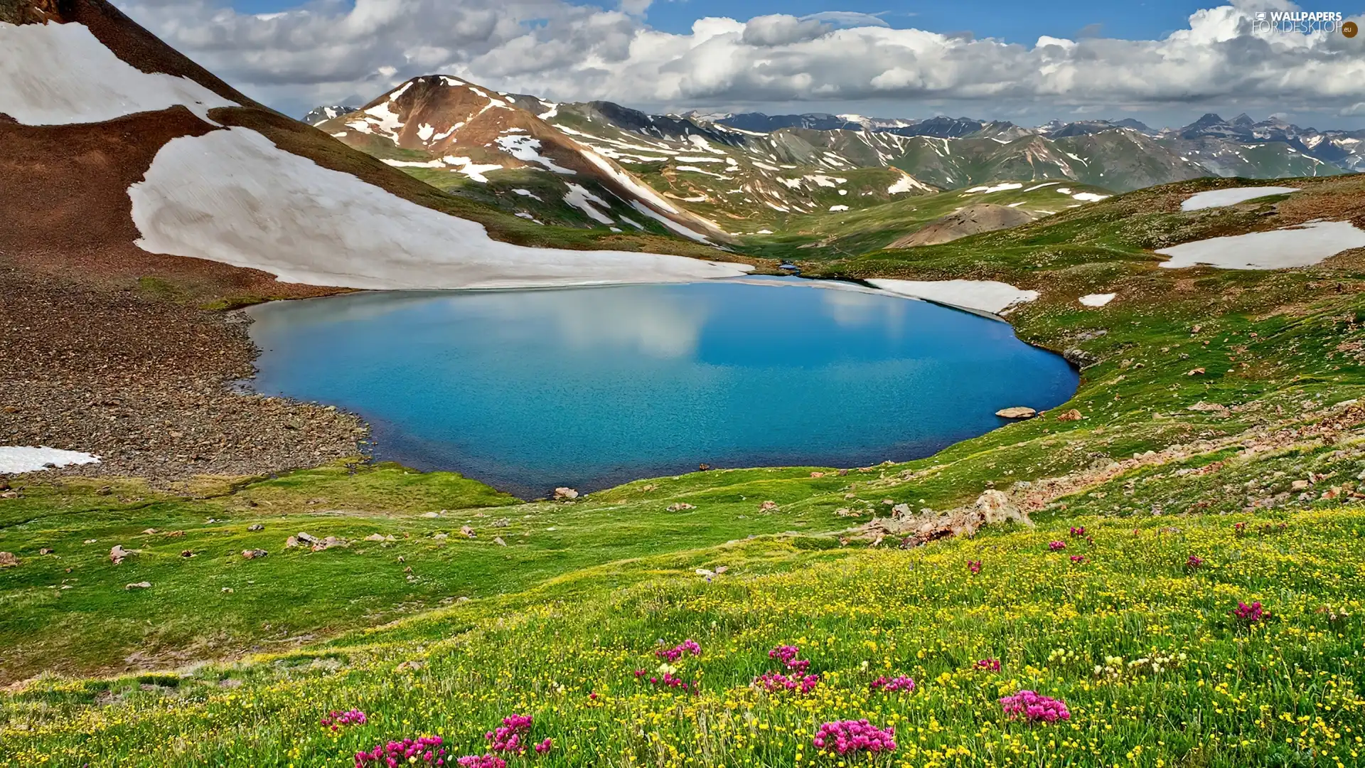 Mountains, Pond - car, Flowers, clouds