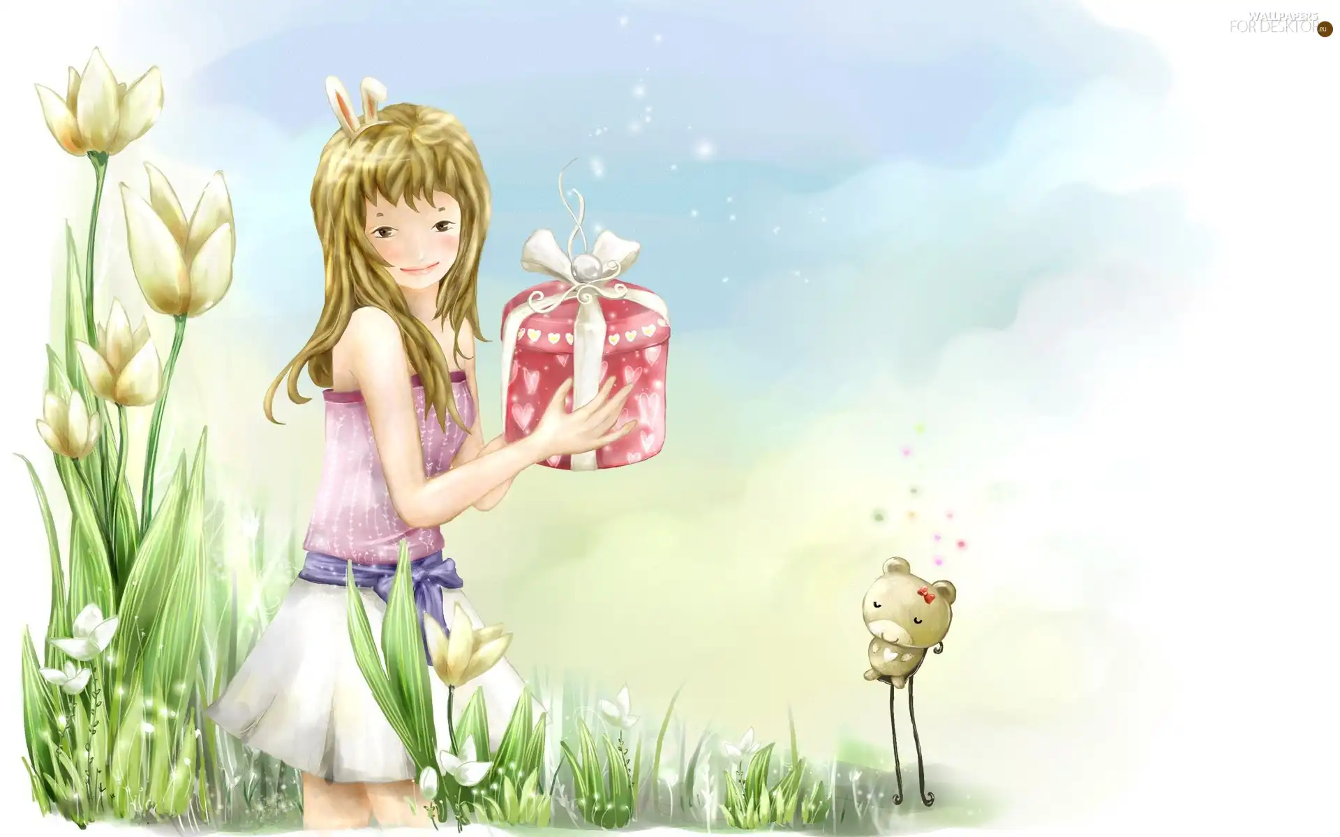 Flowers, girl, Present