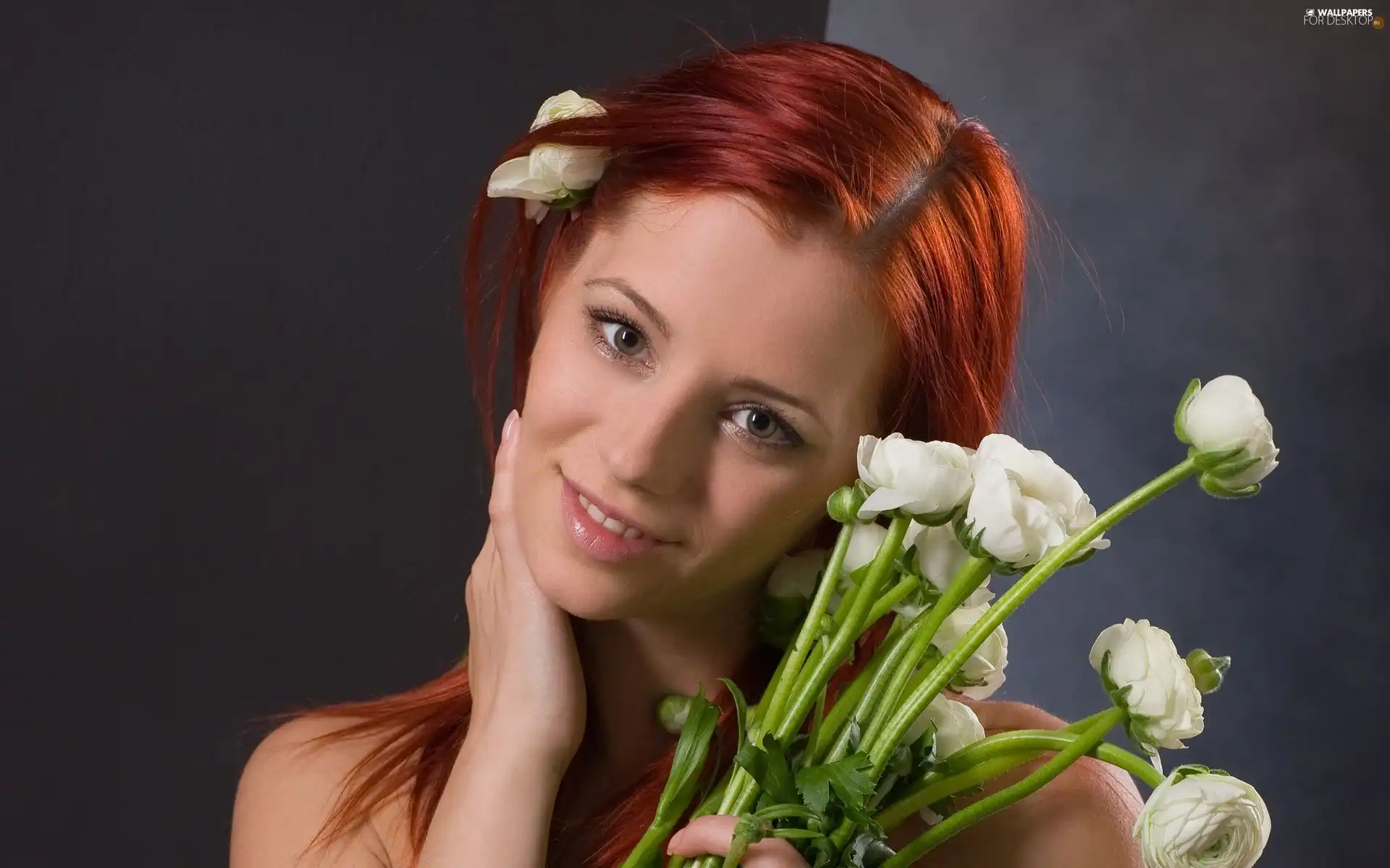 redhead, Smile, Flowers, girl