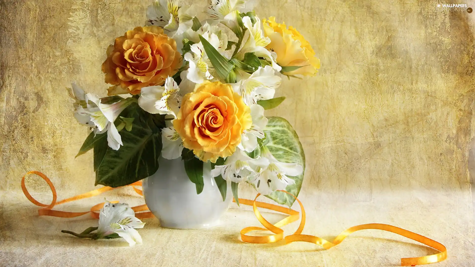 Flowers, ribbon, roses, White, bouquet