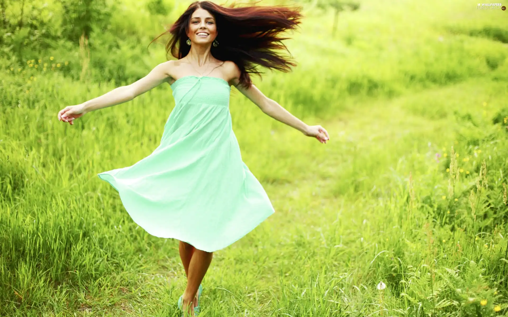 Meadow, girl, grass, Path, happy, Flowers, Spring