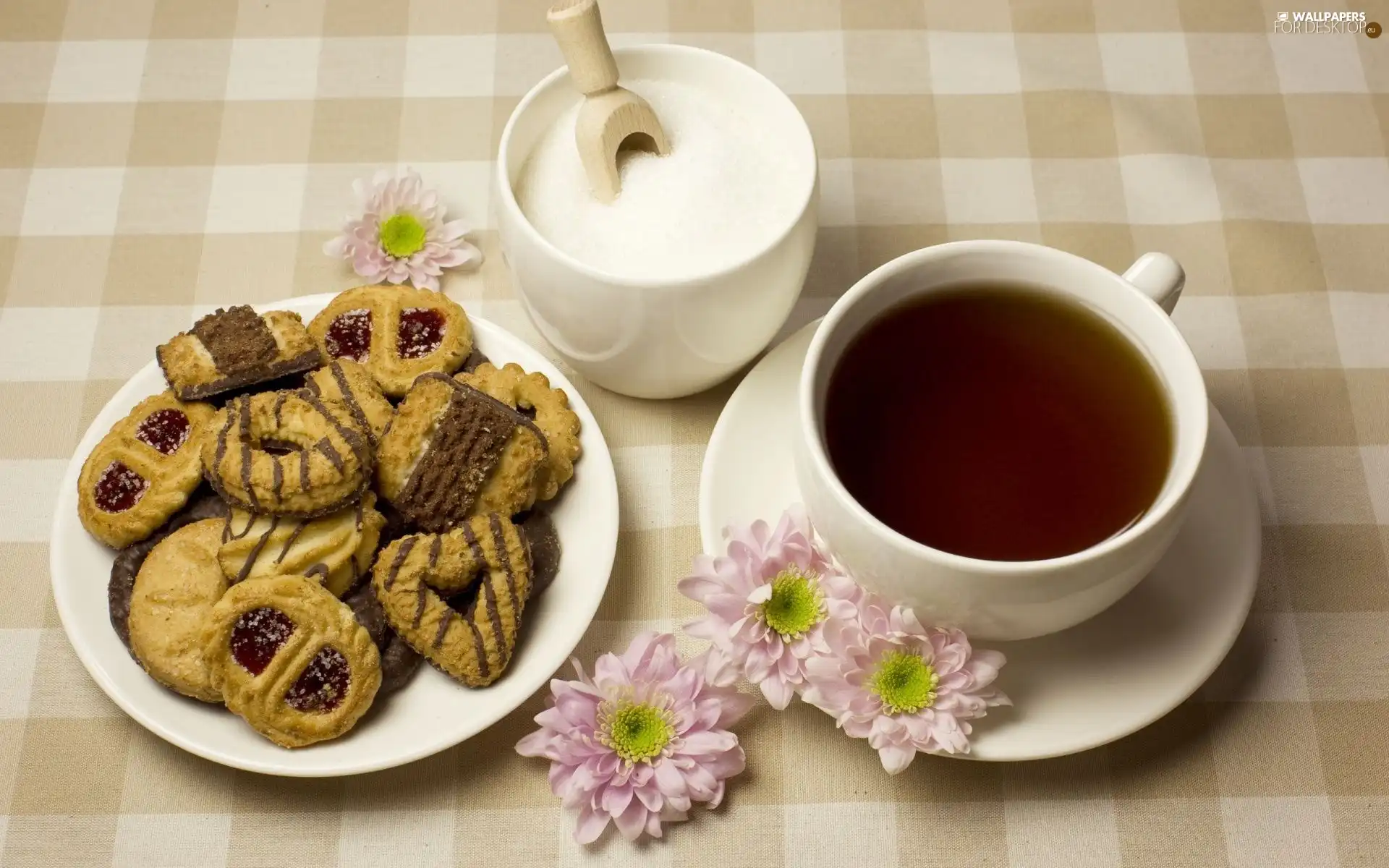 tea, sugar-bowl, Flowers, cookies