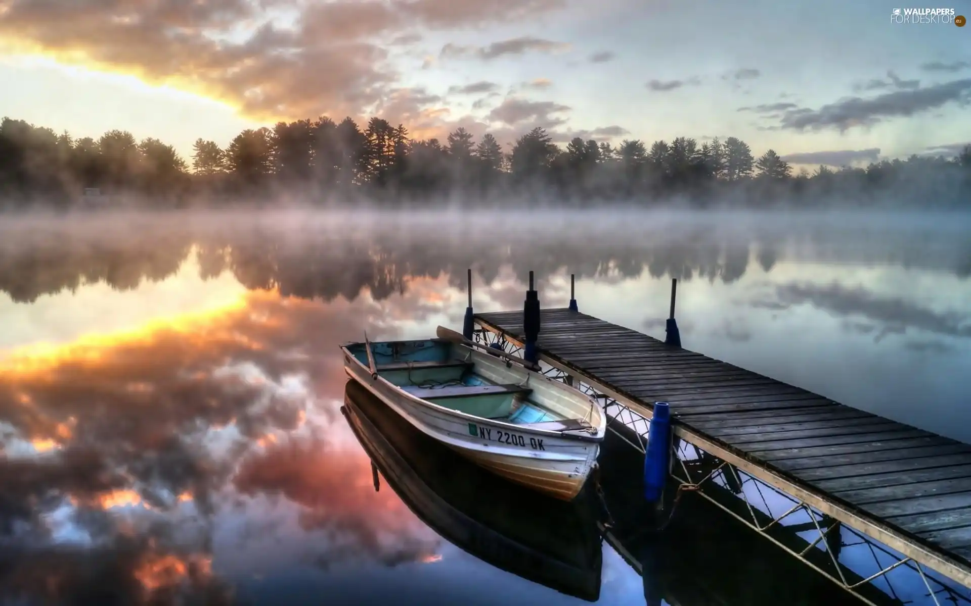 Fog, forest, pier, lake, Boat