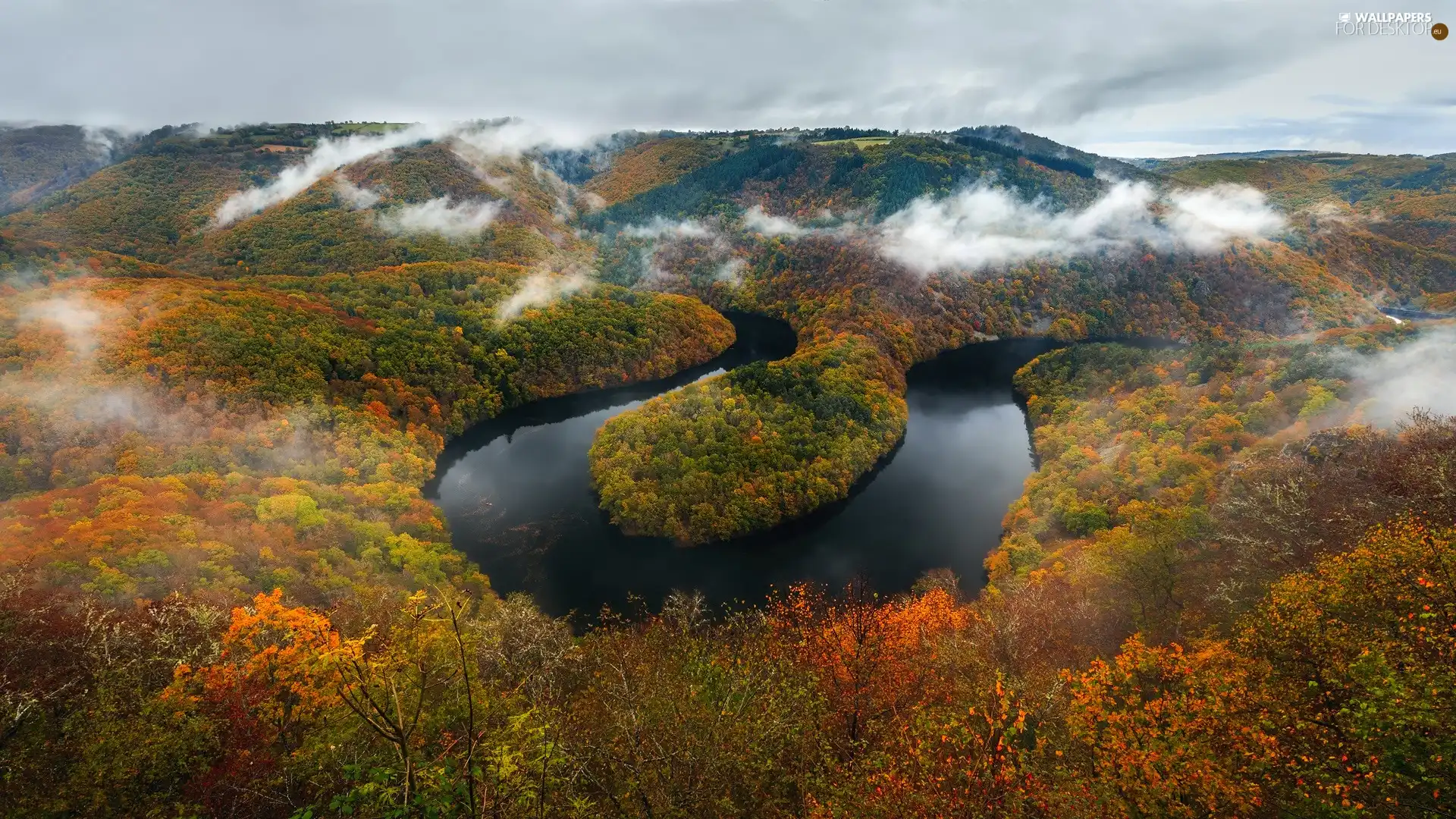 Fog, forest, River, Mountains, Globular