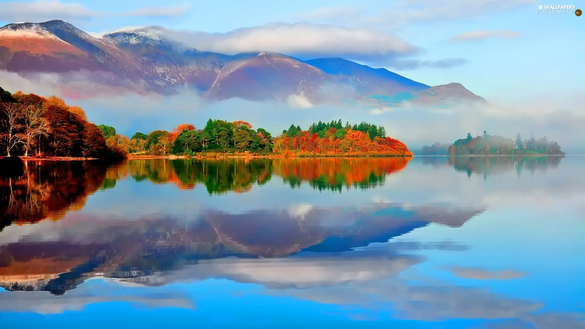 Mountains, lake, Fog, forest