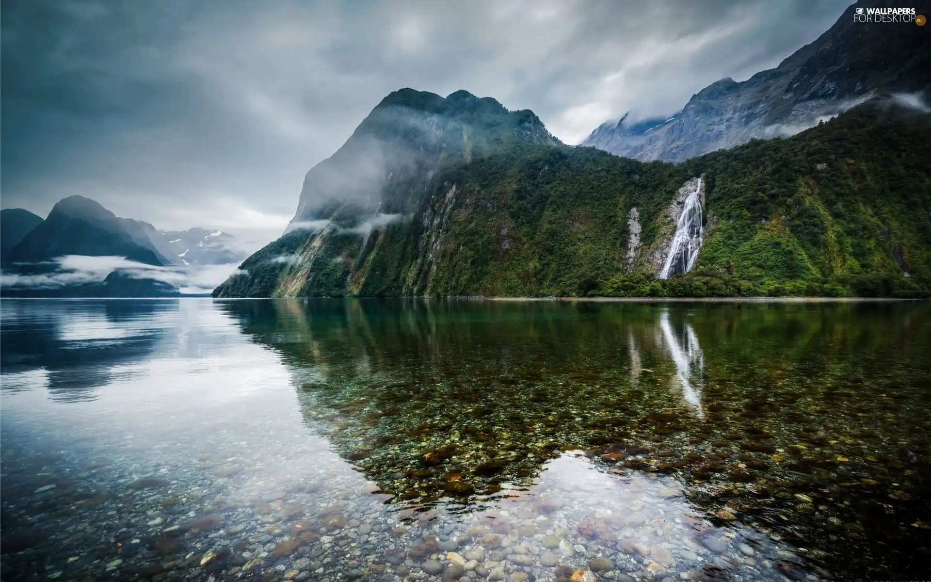 Mountains, lake, Fog, waterfall