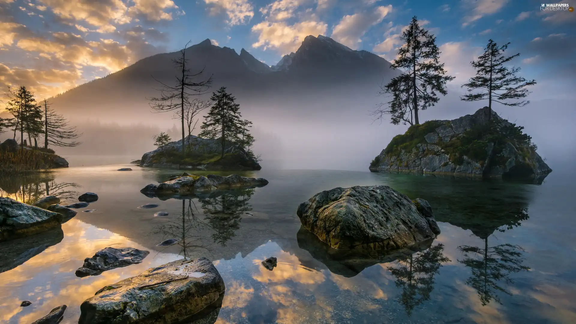 Stones, rocks, trees, Bavaria, viewes, Lake Hintersee, Islets, Germany, Fog, Alps Mountains