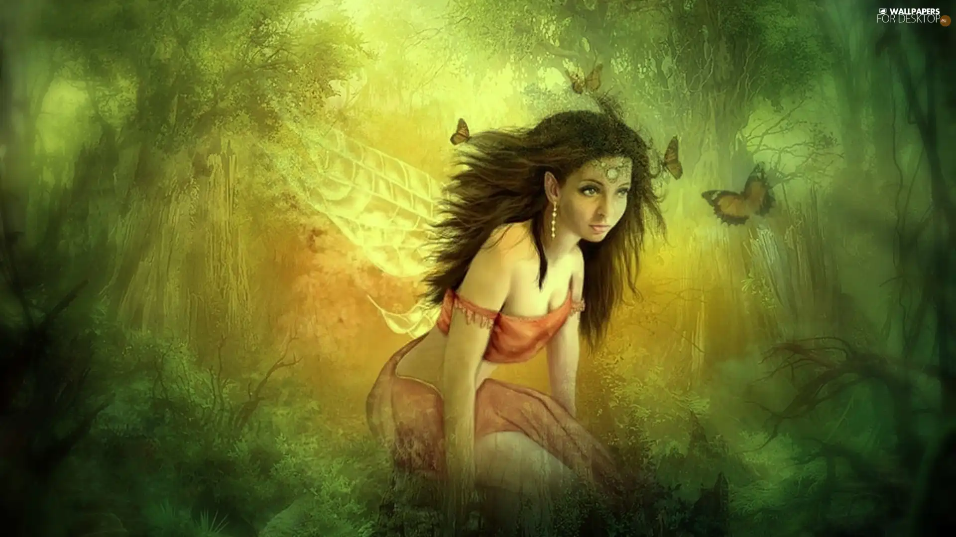 forest, girl, butterflies