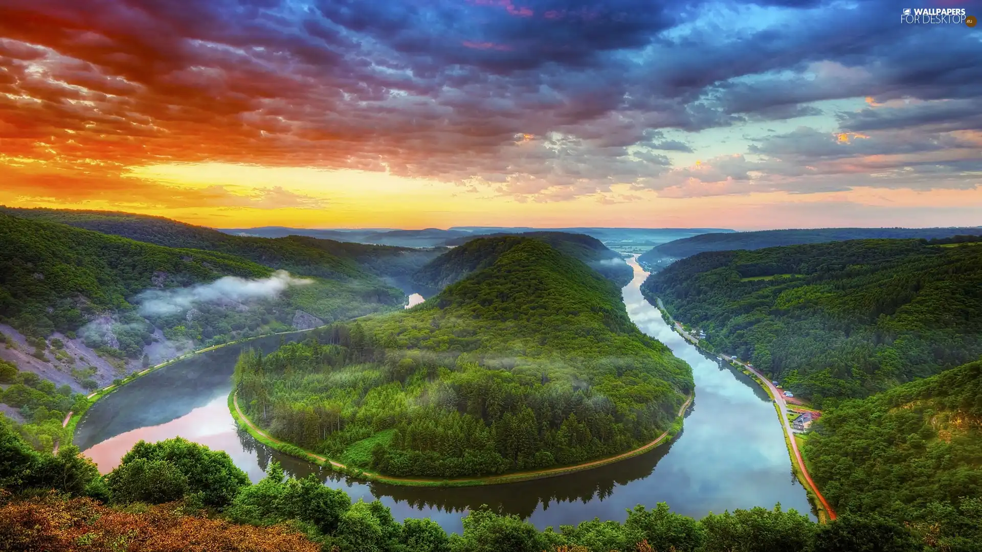 forest, River, clouds