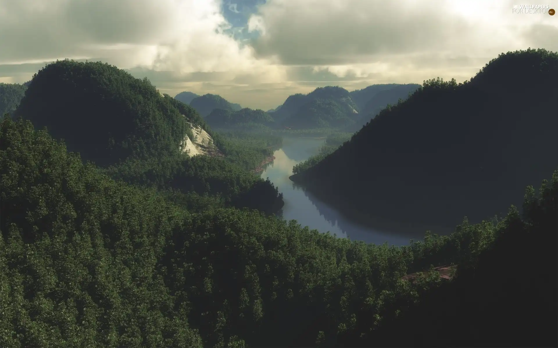 forest, Mountains, River