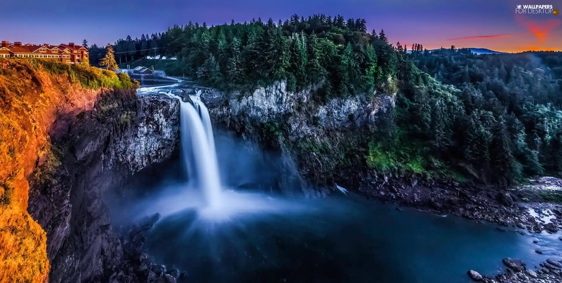 forest, waterfall, rocks