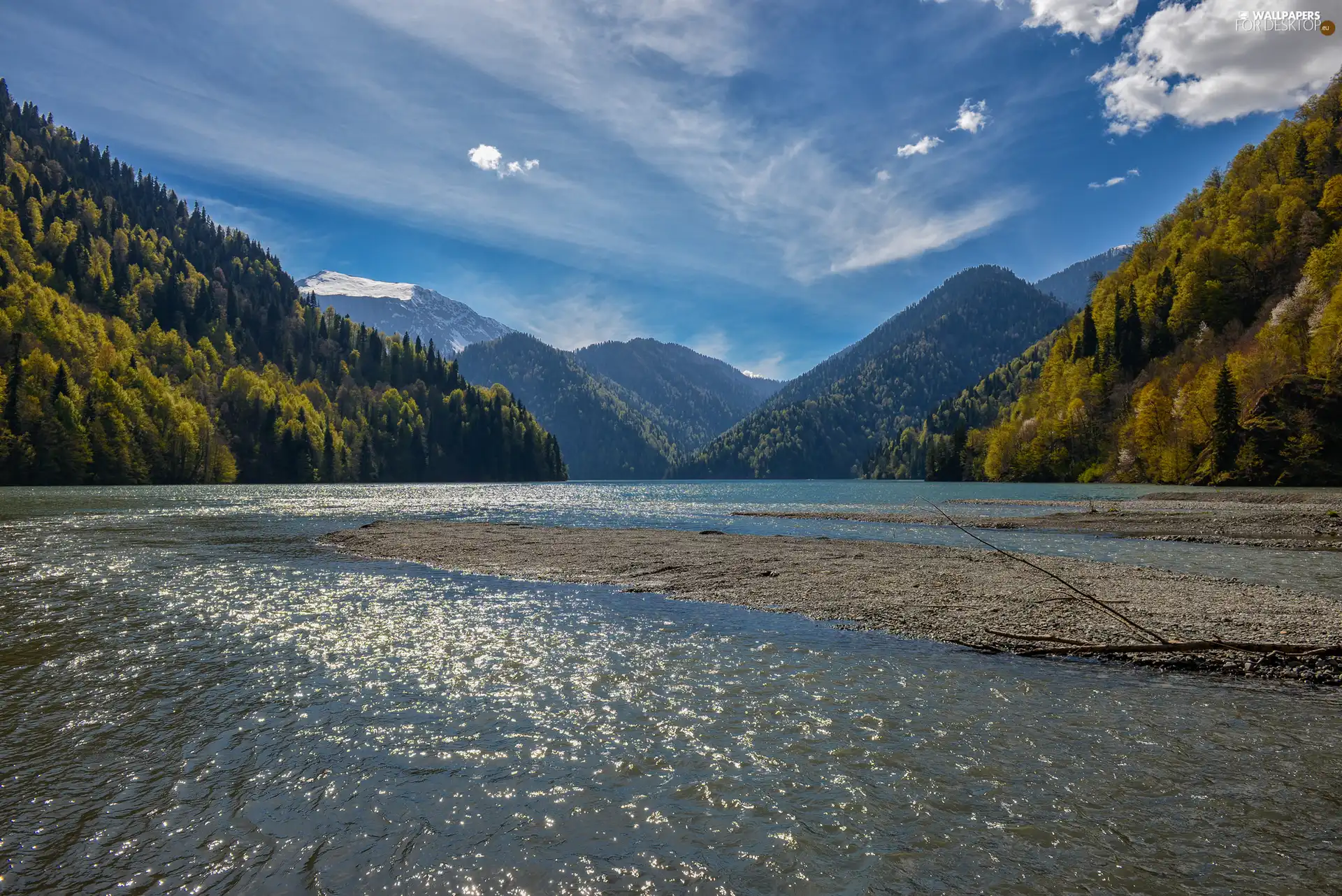 Sky, River, Mountains, forest
