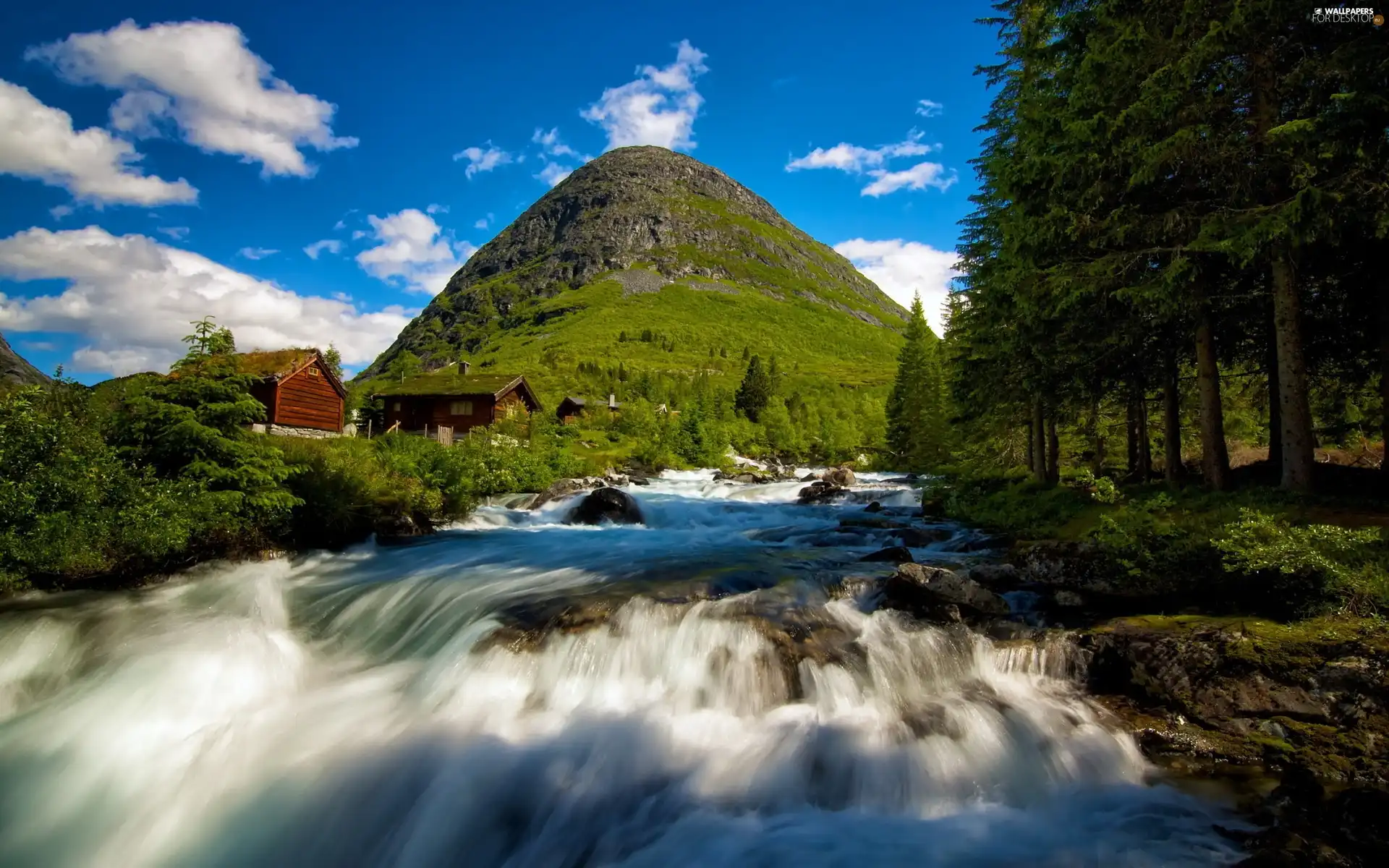 Houses, mountains, forest, waterfall, River, Apple