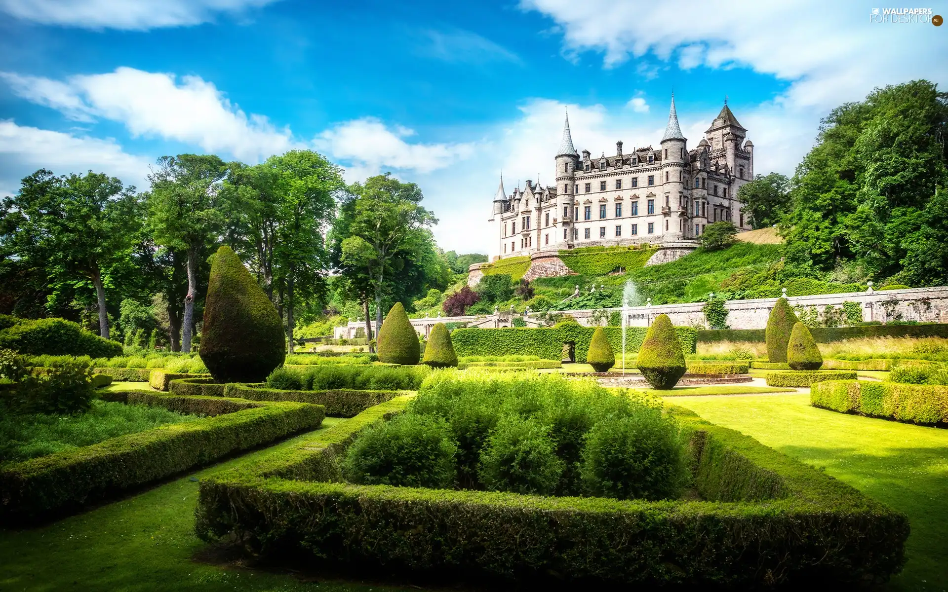 Castle, Flower-beds, fountain, Park