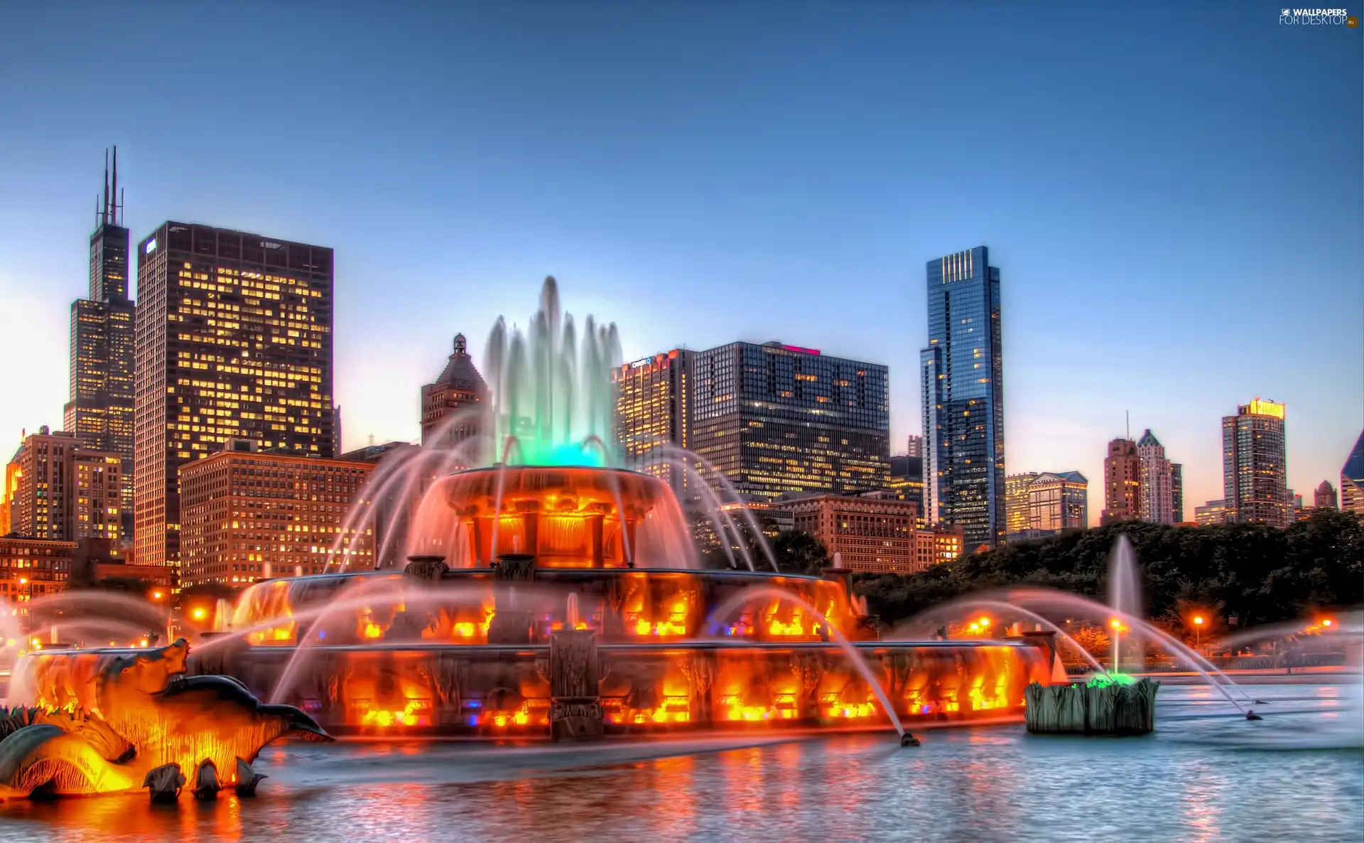 fountain, Town, light