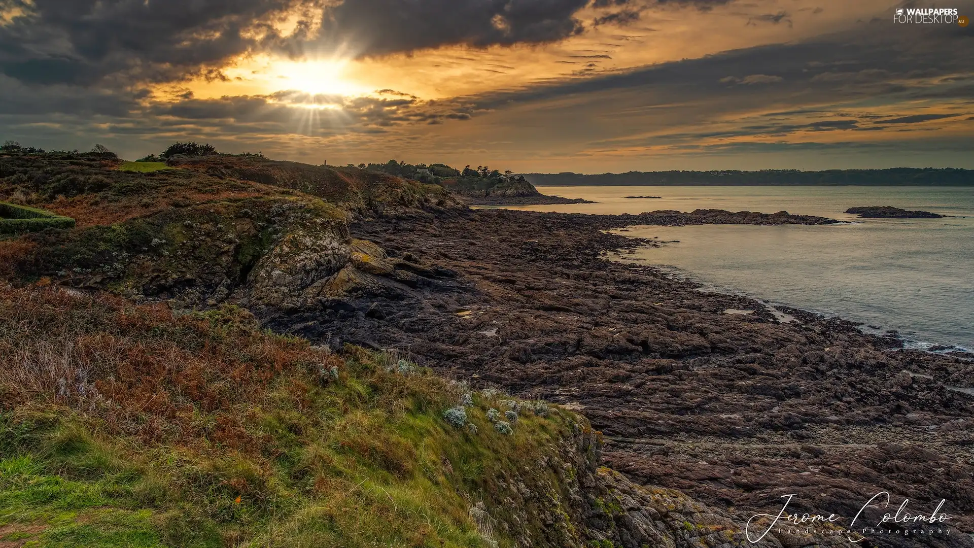 sea, rocks, VEGETATION, Coast, clouds, Brittany, France, rays of the Sun