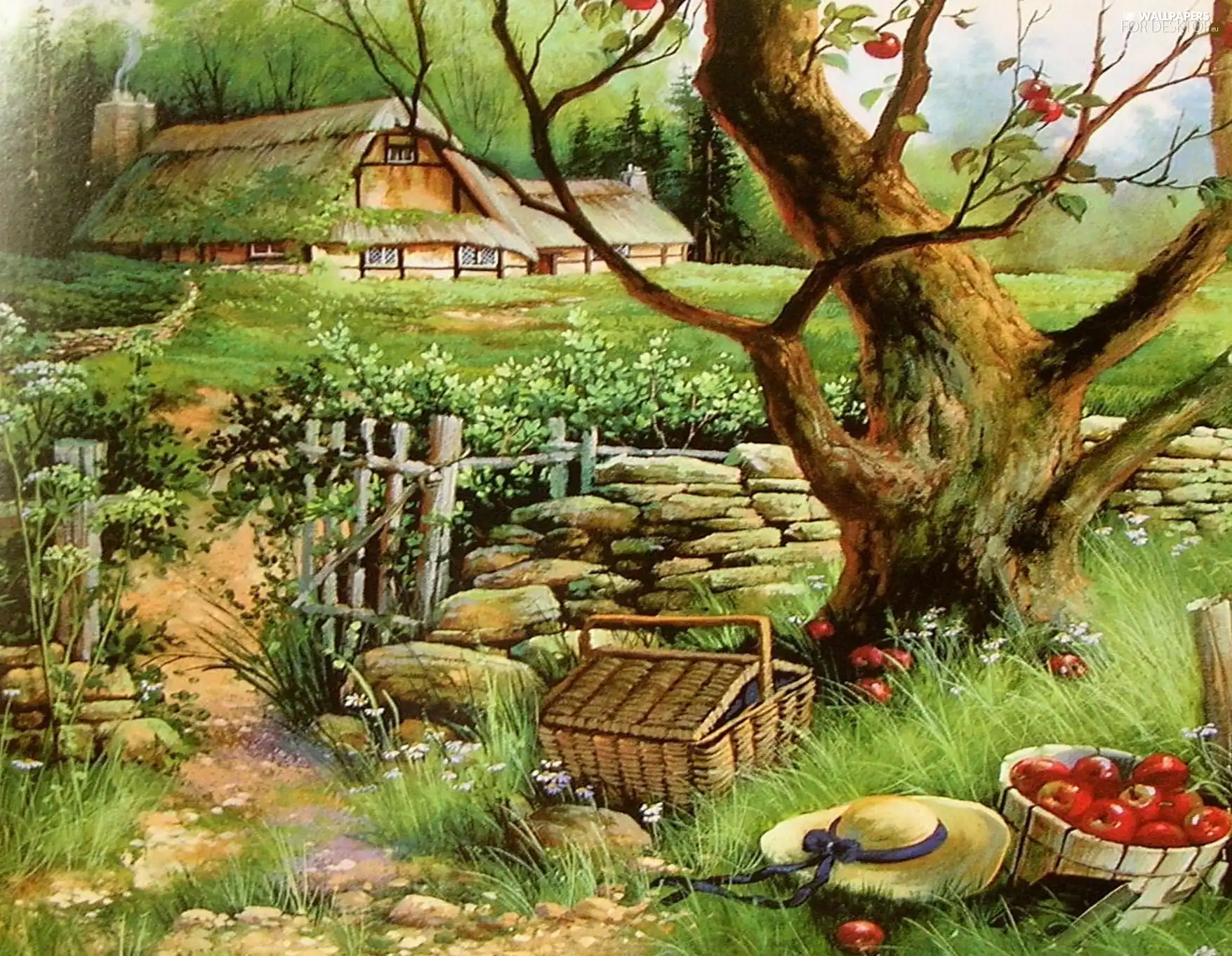 fruit, Garden, Hat, basket, apple-tree, trees