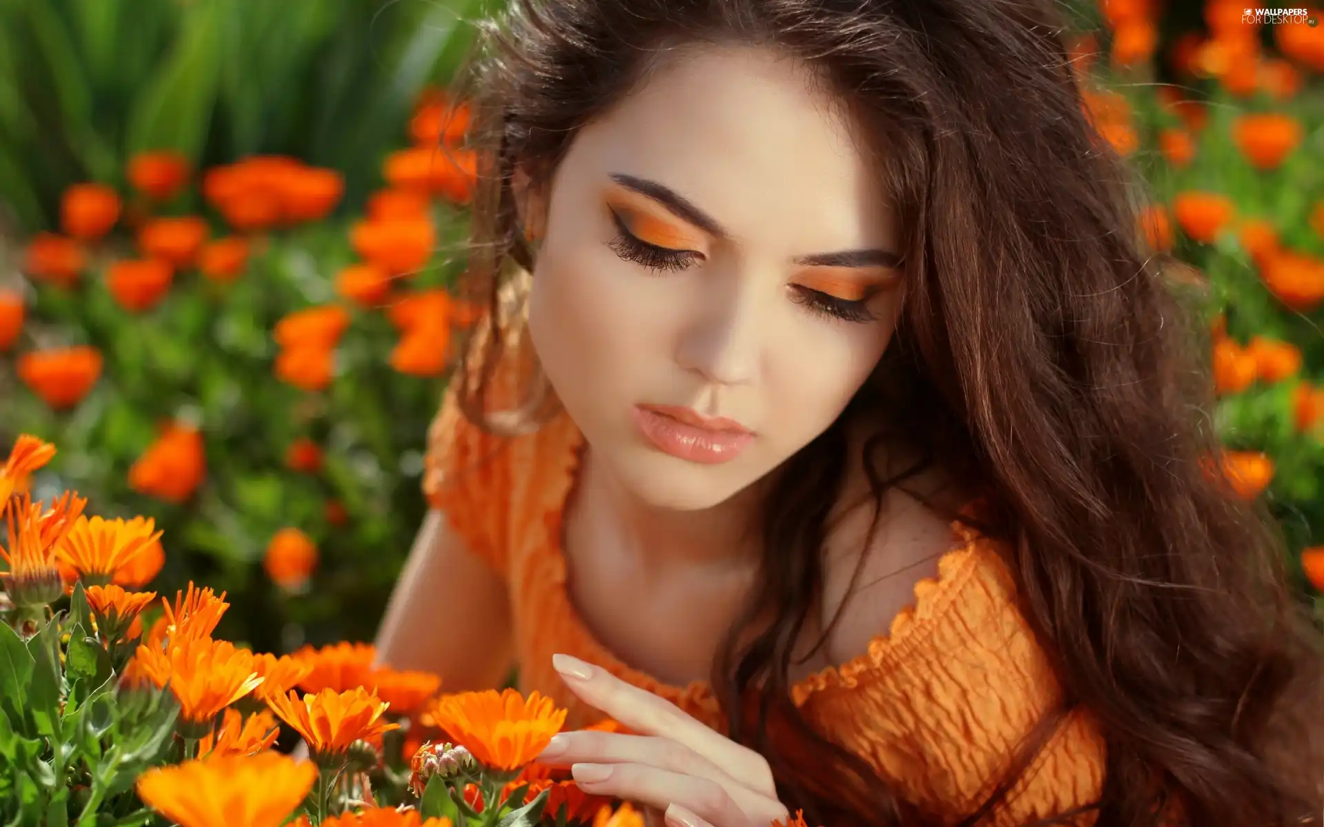 Garden, Flowers, girl, make-up, Beauty