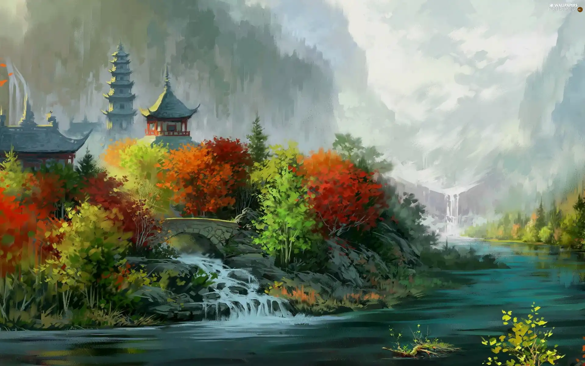 picture, River, Garden, painting