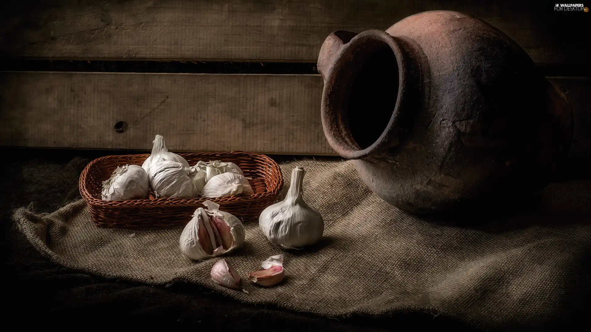 pitcher, composition, garlic, bag, basket, Upset