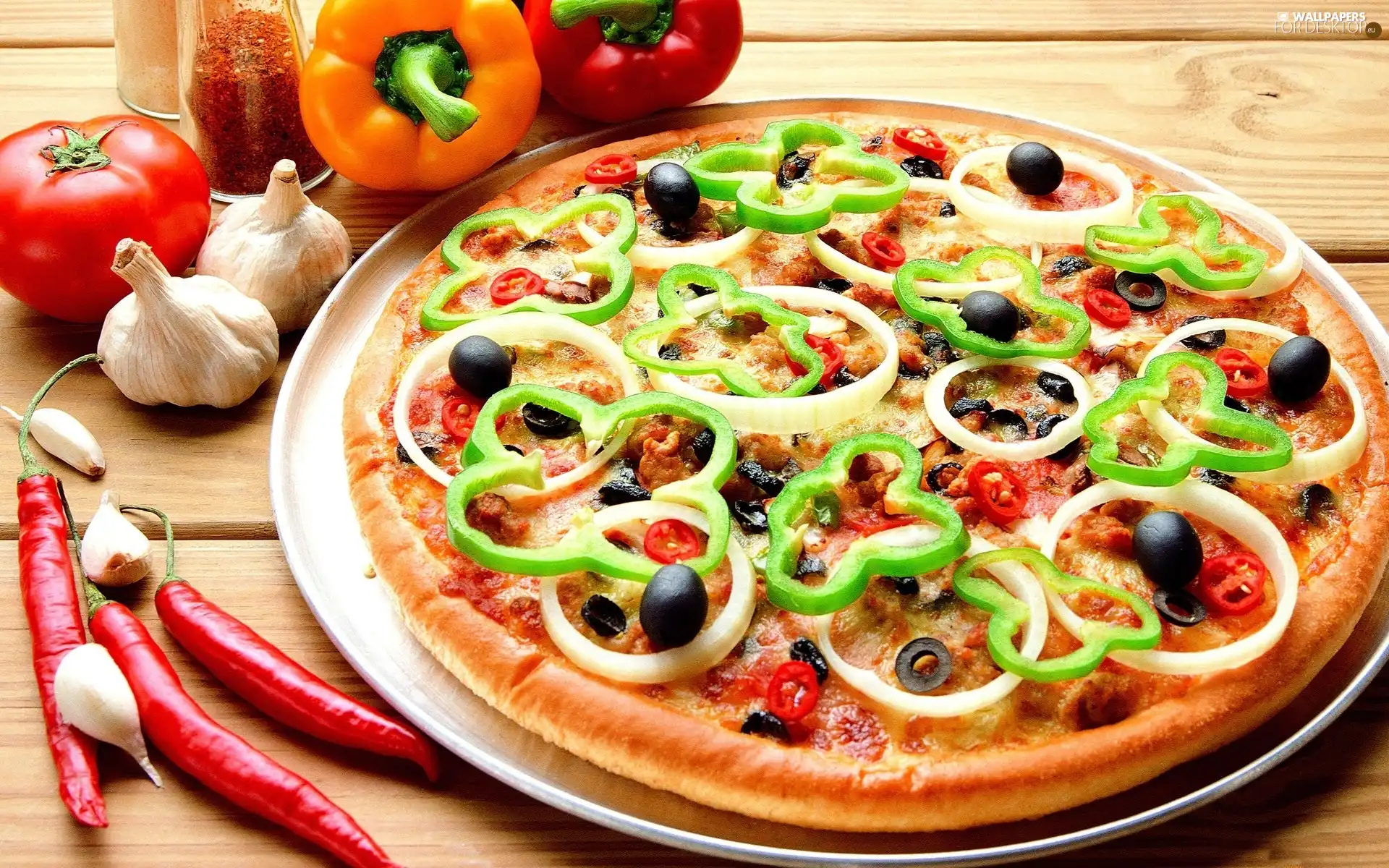 pizza, pepper, garlic, vegetables