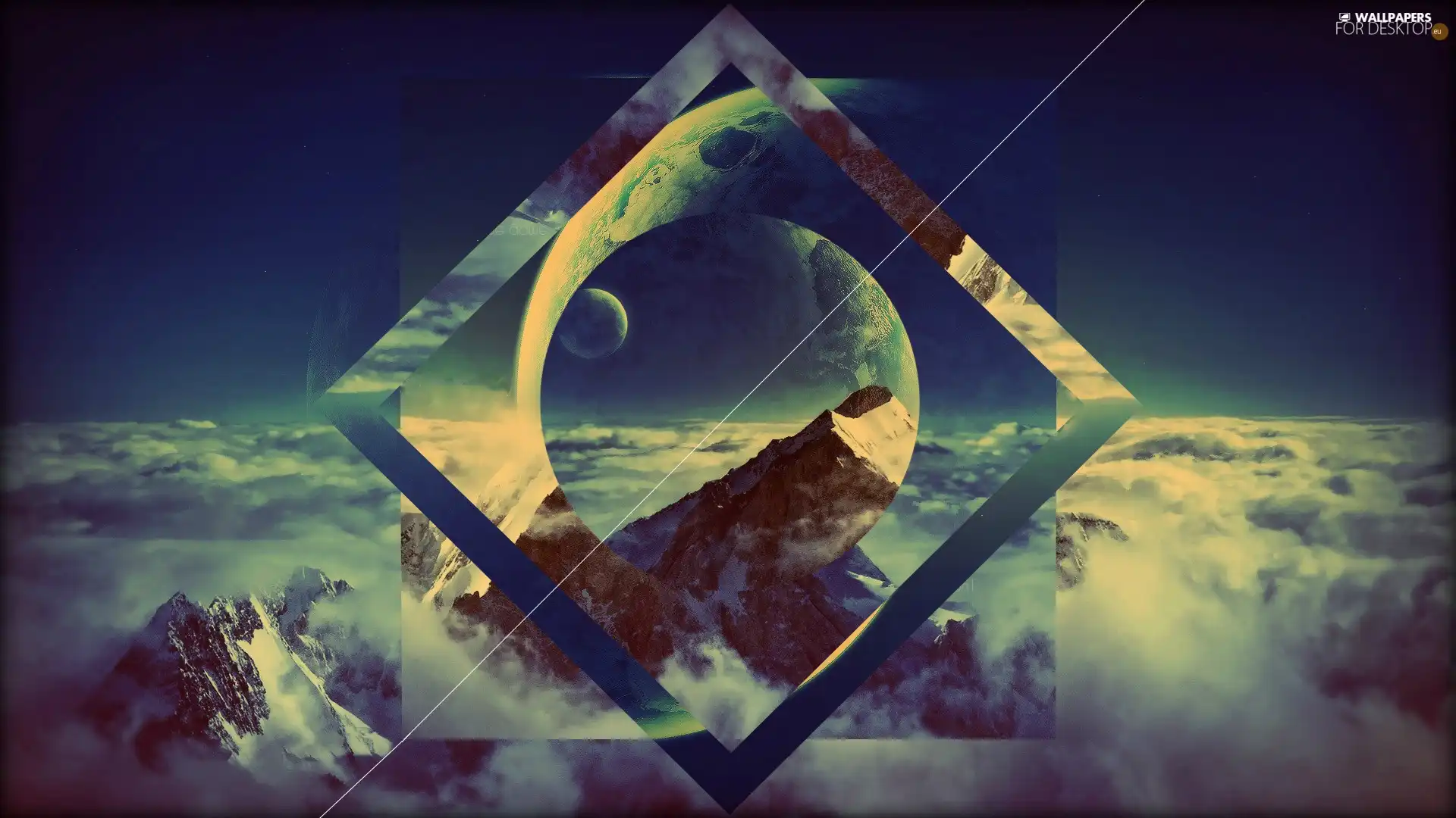 Mountains, figure, Geometric, Night