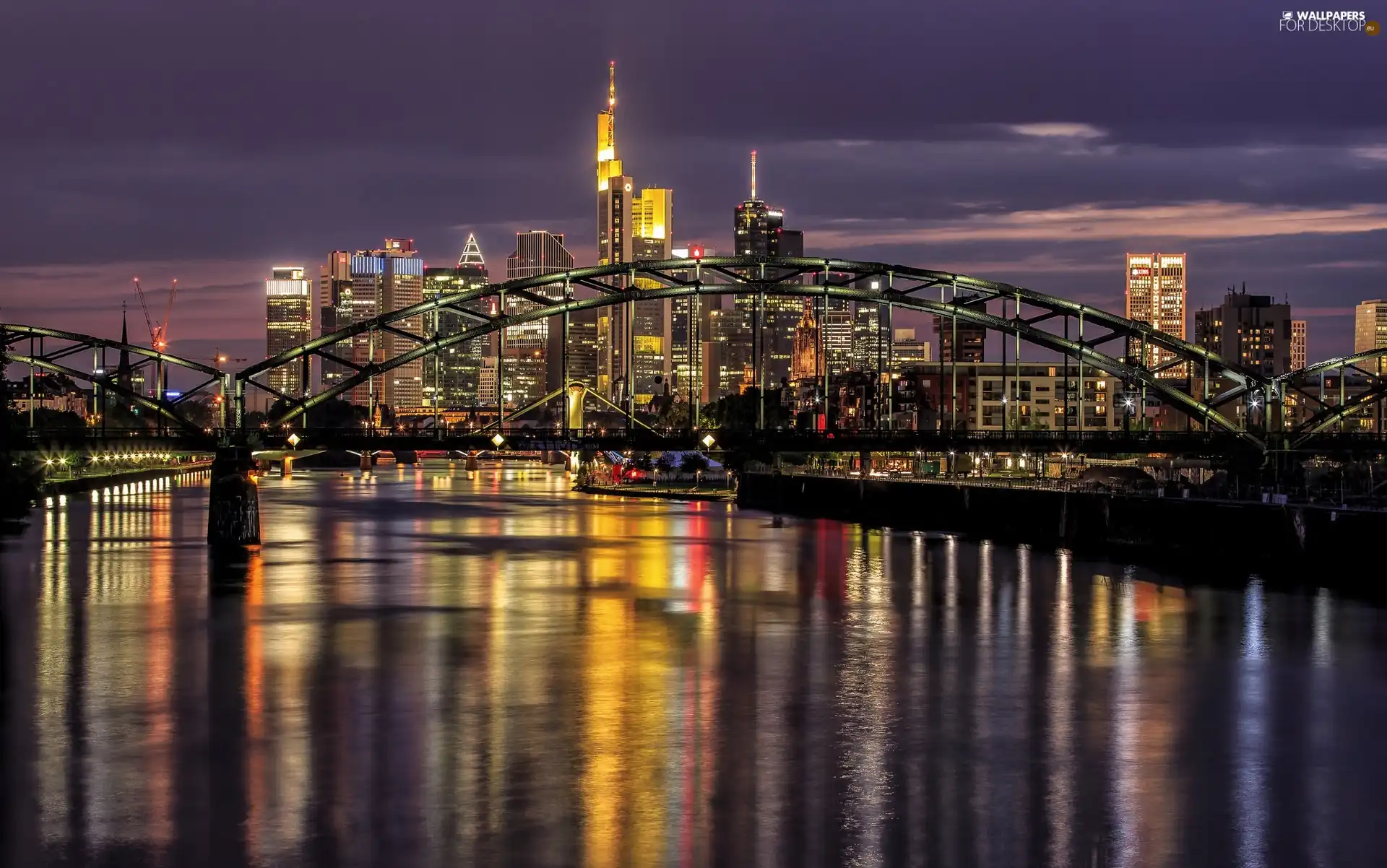 River, bridge, Frankfurt, Germany, City at Night