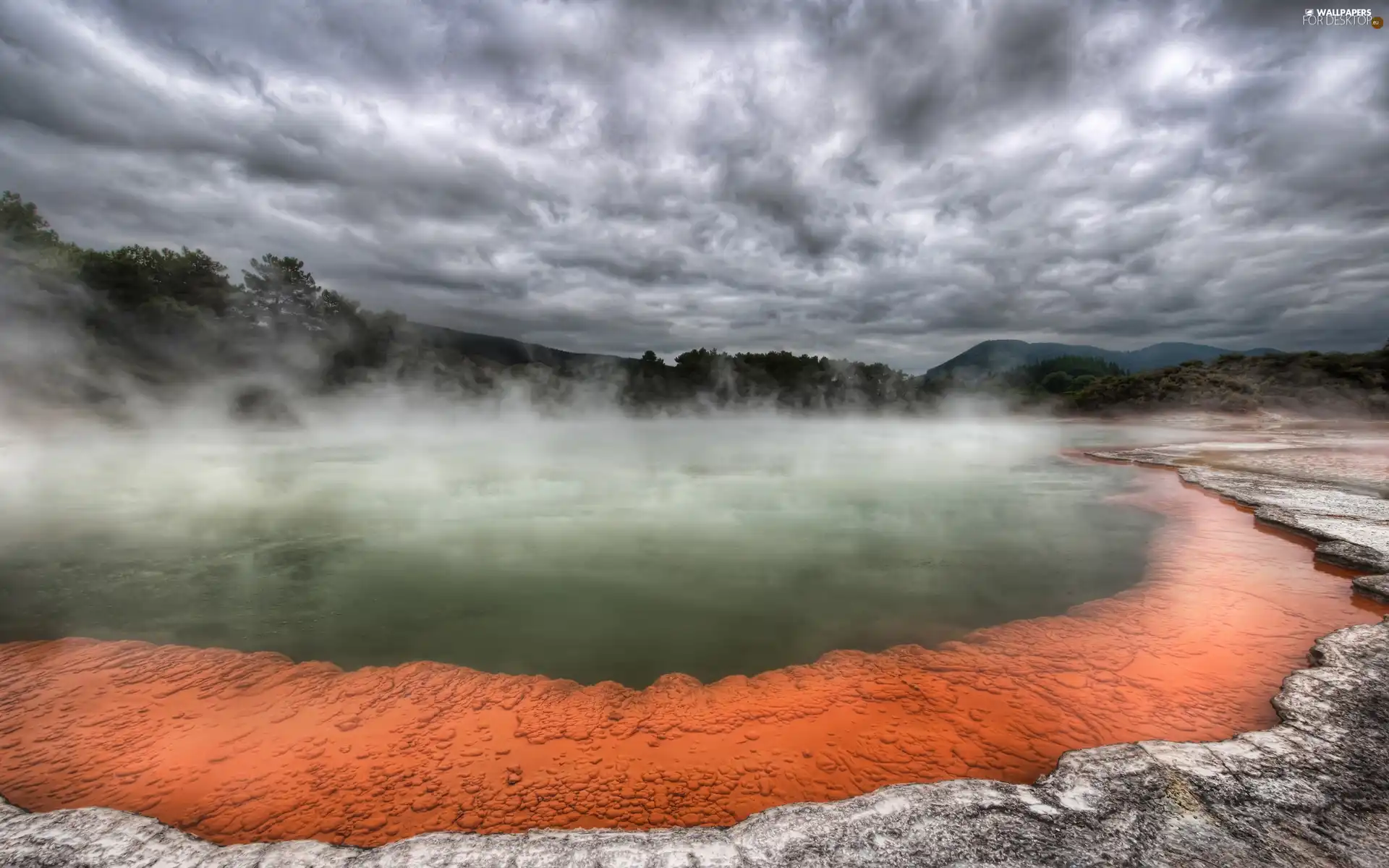 geyser, clouds, Mountains