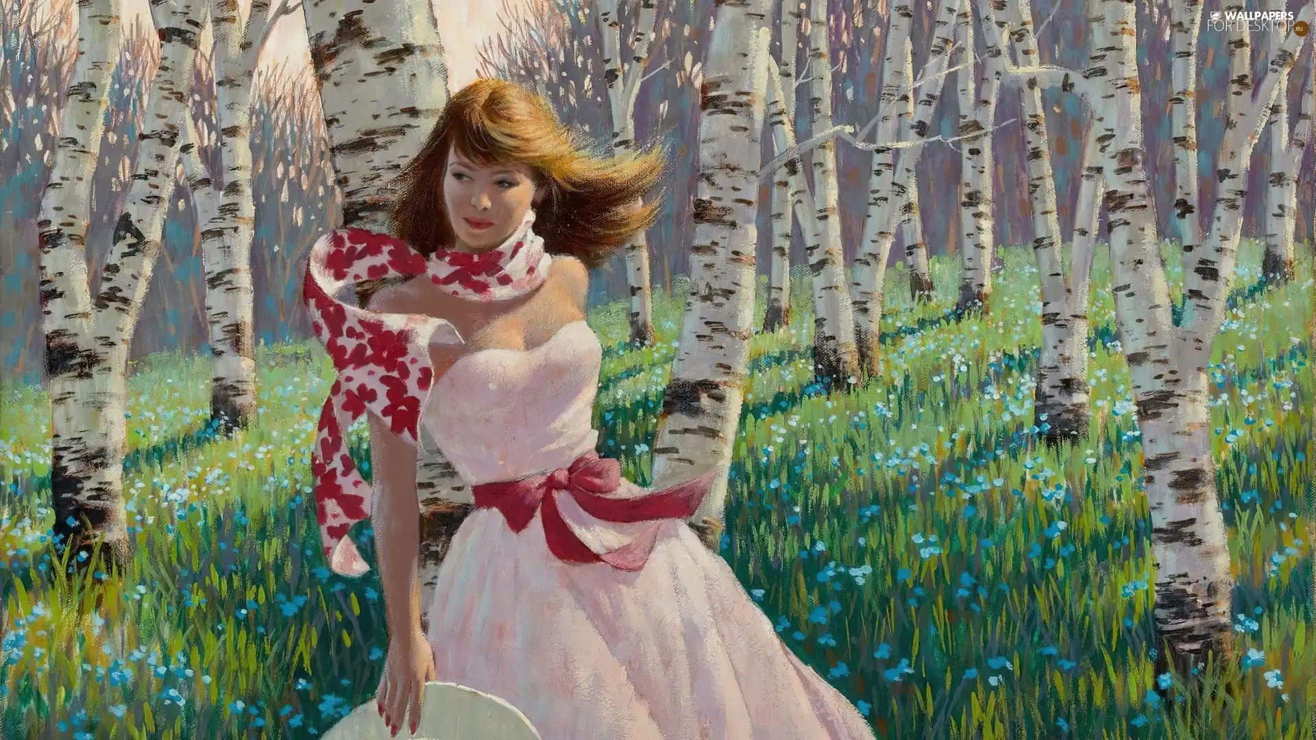 picture, Flowers, girl, birch