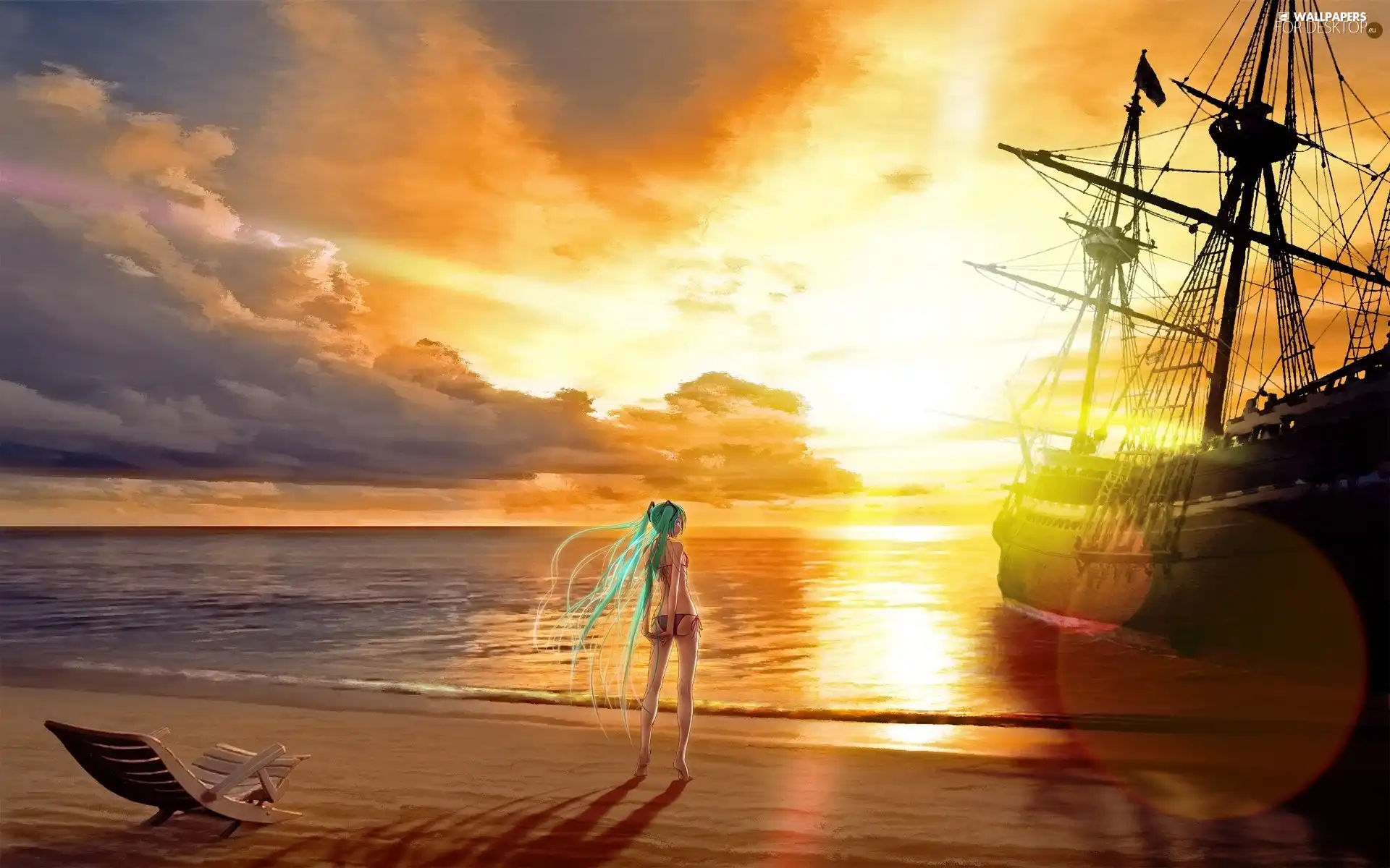 girl, Ship, west, sun, sea
