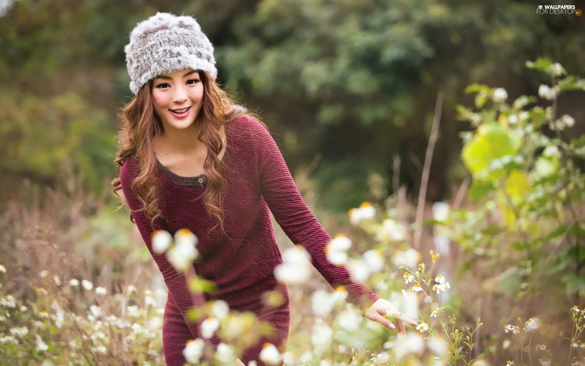 car in the meadow, Flowers, Japanese girl, forest, young