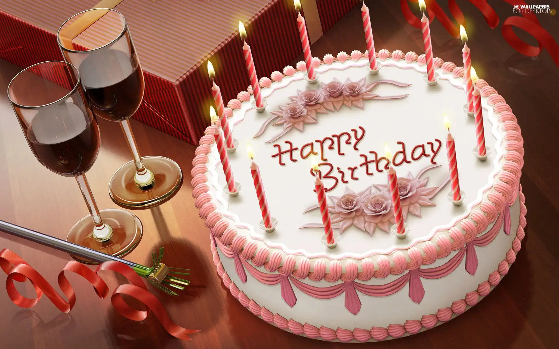 Cake, candles, glasses, birthday