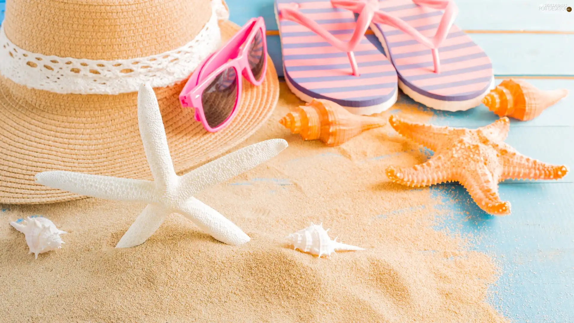 Flaps, Hat, starfish, Glasses, Sand, Shells, summer